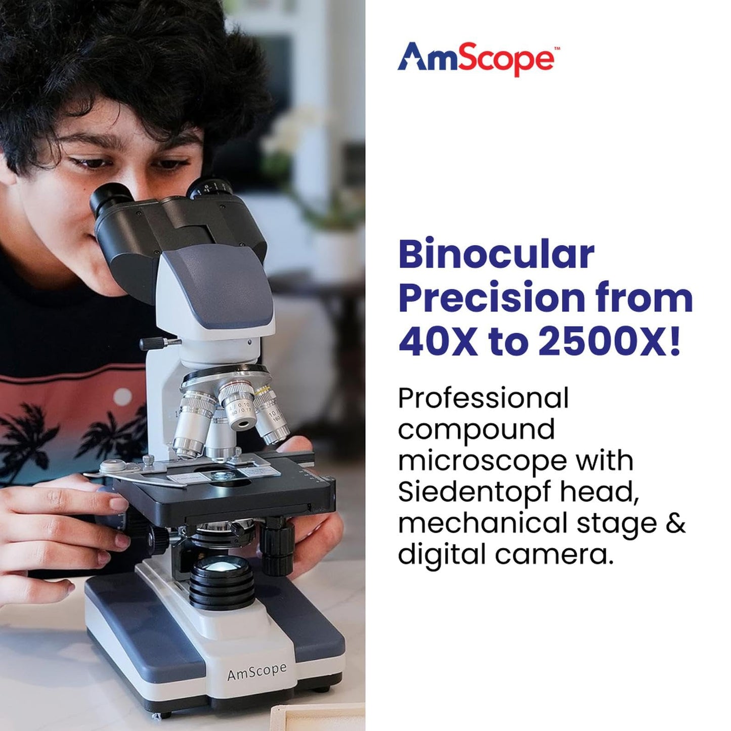 AmScope B120 Series Student & Professional LED Binocular Compound Microscope - 40X-2500X Magnification - Includes 0.3MP USB 2.0 Camera & Siedentopf Head