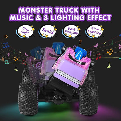 DYODYORC Remote Control Car 2.4Ghz All Terrain Monster Truck RC Truck with Music 3 Lighting Effects 360 Stunt Capable 2 Batteries Ready to Run Toy Gifts for Boys and Girls (Pink)