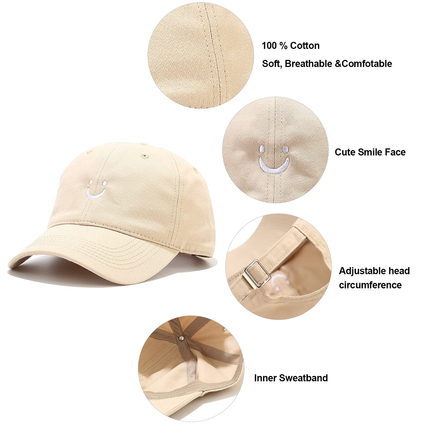 Umeepar Smile Face Baseball Cap for Women Men Adjustable Low Profile Unstructured Cotton Dad Hat (US, Alpha, One Size, Light Violet)