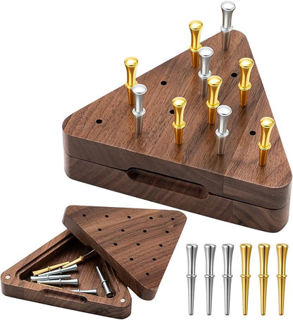 Estune 1 Set 4.3 Inch Walnut Wooden Tricky Triangle Peg Game Portable Board Triangular Game Set with Storage Box for Adults Travel Party