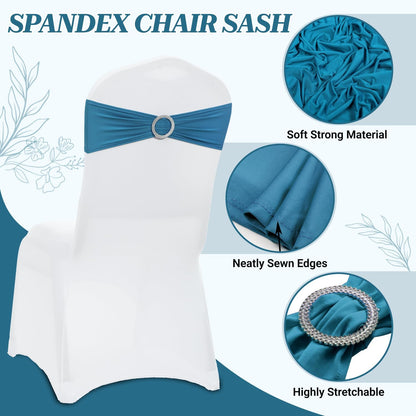 MDS Spandex Chair Sashes - Premium Stretch Covers with Buckle Slider for Weddings & Events | Dark Teal - Pack of 75