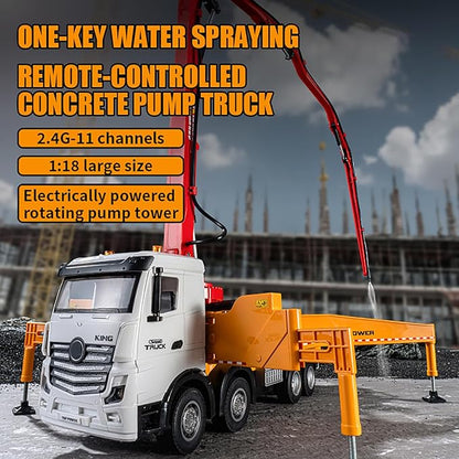 18.9 Inches 11 Channel Remote Control Cement Pump Truck 1/18 Scale 1-Batteries 2.4Ghz RC Concrete Construction Vehicle with Water Pump for 14y+ Beginnes (Grey 8-Wheels)