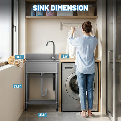 Utility Sink Free Standing Single Bowl Kitchen Sink with Cold and Hot Water Pipe Stainless Steel Sink for Garage Shop Laundry Room Basement Garden Farmhouse Mens Gifts Ourdoor Indoor fregadero