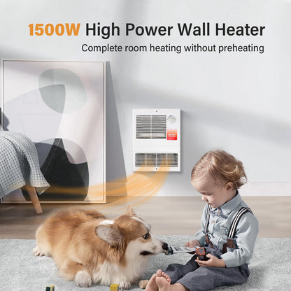 9815WH Large Capacity Electric Wall Heater with Built-in Adjustable Thermostat and Silent Motor, Overheat Protection, 1500 Watts, 120/240 Volts, White