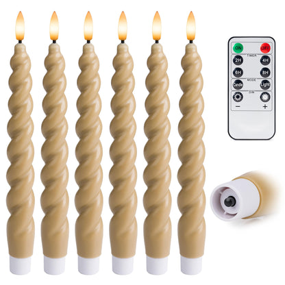 WYZworks 10" Flameless LED Taper Candles – Full Twisted Spiral – Light Tan, Set of 6 – Remote, 2/4/6/8-Hr Timer (24-hr Memory), Bottom On/Off Button, Dimmable, Battery Operated, Flicker/Steady
