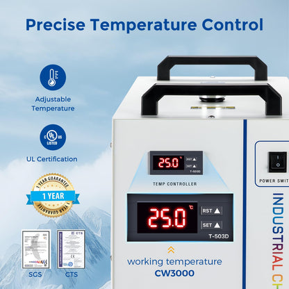 Cloudray Water Chiller CW-3000 for CO2 Laser Engraver & Cutting, Laser Chiller, Industrial Water Cooler,with 9L Water Tank Capacity Max. Pump Flow 10L/min 50W/℃ Cooling