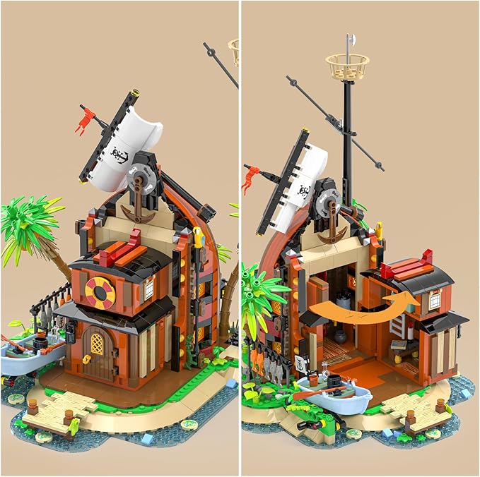 Pirate Shipwreck Building Set - Pirate Ship House Building Kit with Boat Tavern Treasure and More Birthday Gifts for Boys Families Building Time Kit