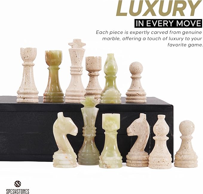 Marble Chess Set 15 Inch Handmade Travertine &amp Green Luxury Board Games for Adults Elegant Table top Board Game Travel Chess Pieces &amp Storage Box for Gifts &amp Home Decor