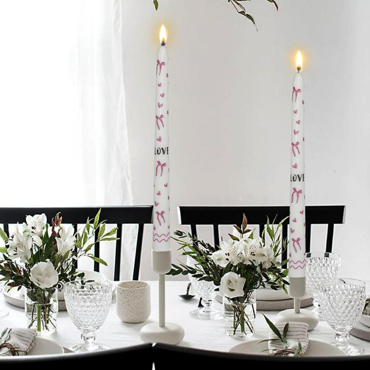 Pink Bow Heart Taper Candles -2 Pcs Unscented 10 Inches Long Candlesticks Flower Print Tapered Candle for Home Party Wedding Restaurant Holiday Decor