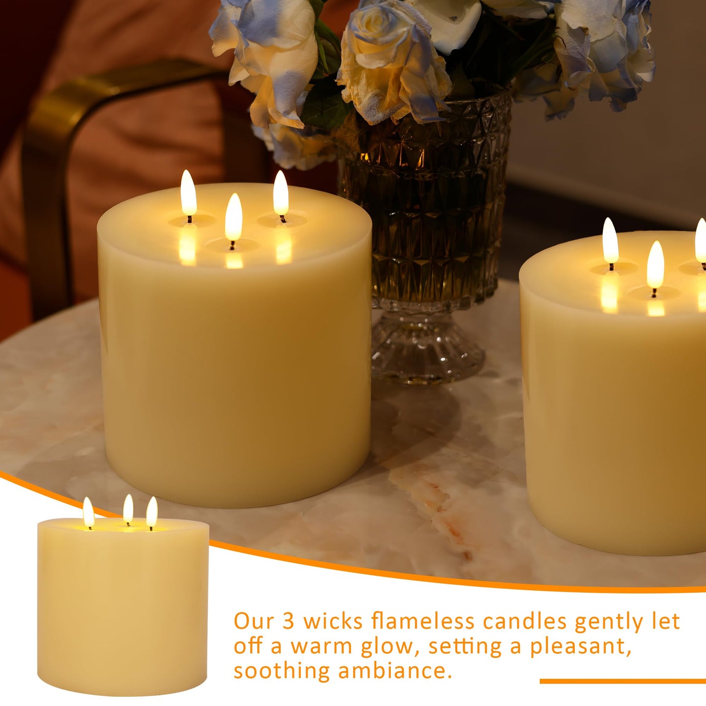 AFINETH Extra Large Flameless Candles, 6"x6" Real Wax Battery Operated Candles with Remote and Timer, Flickering LED Pillar Candles with 3 Wicks for Home, Wedding, Party, Holiday, Ivory