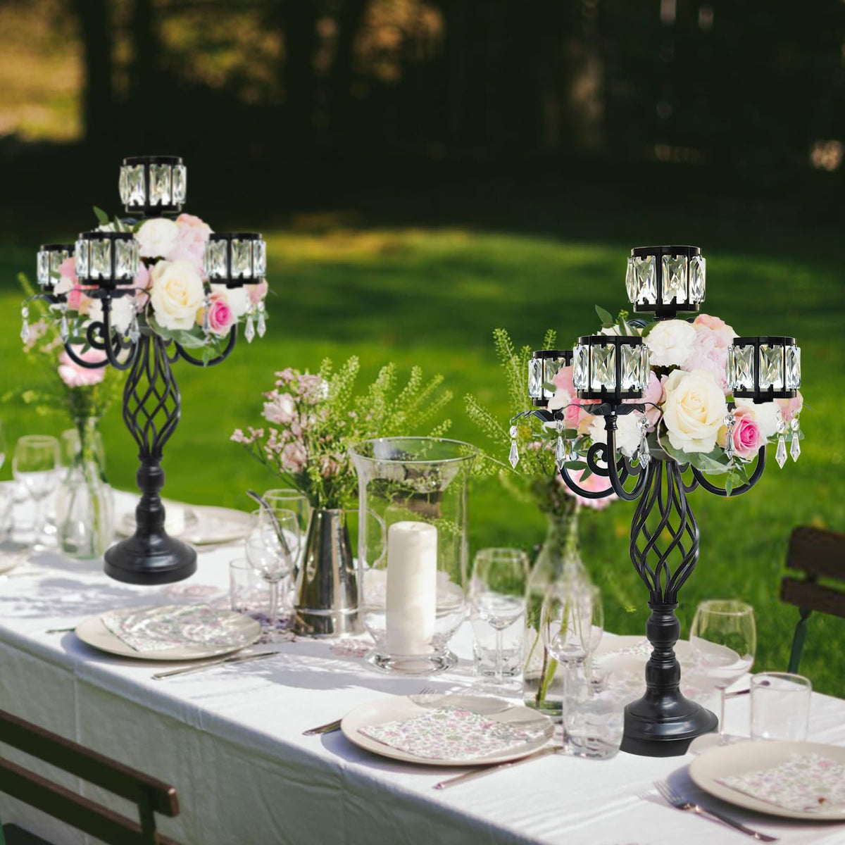 23.2 inch Tall Elegant and Chic 5 Arm Pendant Crystal Candlestick Holder Table Decoration tealight Candle Holder, Candelabra for Gorgeous Wedding/Parties Table Centerpiece (1, Black)