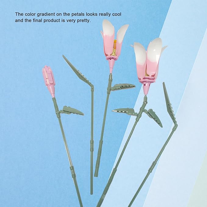 Lily Flower Kit for Adults Artificial Flower Bouquet Set Mini Building Bricks for Gifts/Home Decor Botanical Collection (Pink)