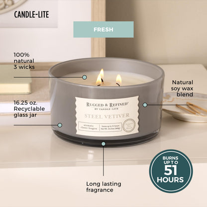 Candle-Lite Scented Candles for Men, Steel Vetiver Fragrance, 16.25 oz Jar, 3-Wick, 51 Hours of Burn Time, Masculine Aromatherapy with Long Lasting Scent, Ideal Gift for Father's Day and Home Decor