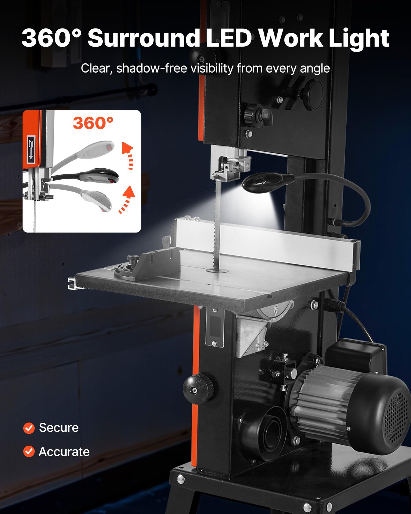 VEVOR Band Saw with Stand, 10-Inch, Two-Speed Benchtop Bandsaw, 373W 1/2 HP, 6 in Max Cutting Height, 13.2 x 13.4 in Cast Iron Table, with 360° Work Light, Miter Gauge, Fence, Band Saw for Woodworking