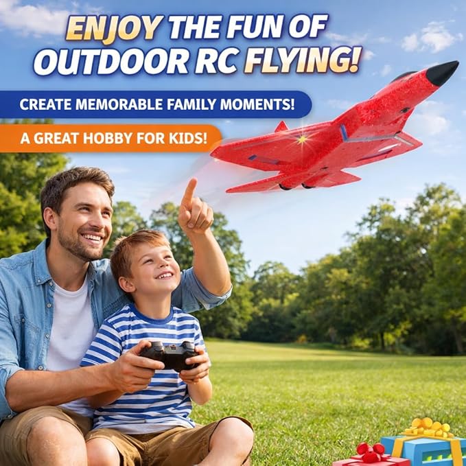 Remote Control Plane F-22 Raptor 2.4GHz Durable Foam Rc Airplane with Smart Gyro/LED Lights/3 Rechargeable Batteries RC Jet Glider Toy Gift for Kids Boys Girls 8-16 Year Old (Red)
