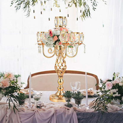 23.2 inch Tall Elegant and Chic 5 Arm Pendant Crystal Candlestick Holder Table Decoration tealight Candle Holder, Candelabra for Gorgeous Wedding/Parties Table Centerpiece (1, Gold)