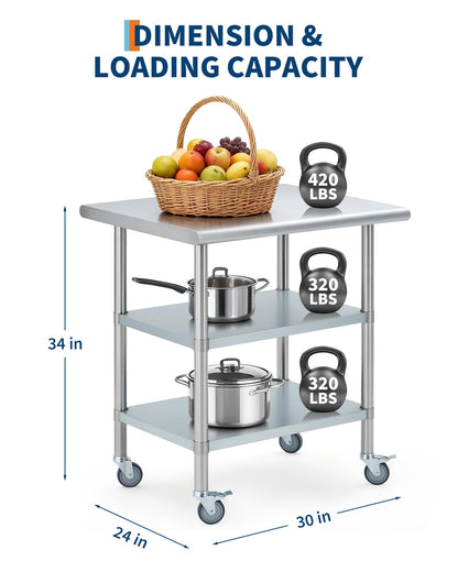 Garvee Stainless Steel Table for Prep & Work, 24x30x34 Inch Commercial Kitchen Worktable with 4 Caster Wheels & 2 Adjustable Under Shelf, Heavy Duty Metal Food Prep Table for Restaurant Garage Outdoor