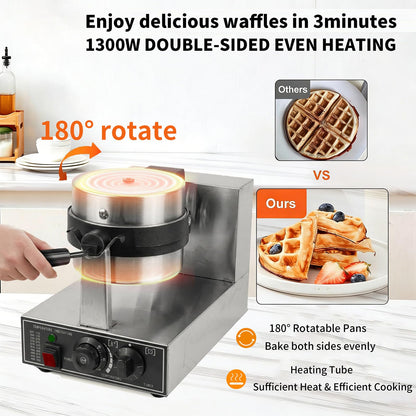 Commercial Waffle Maker 1300W Non-Stick Waffle Iron Rotatable 180° Waffle Baker Machine With Temp and Time Control for Bakery Snack Bar Family