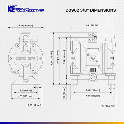 COSMOSTAR D0902 3/8" Double Air Diaphragm Pump, Aluminum Body, Teflon Ball, seat and Diaphragm, Pump Muffler, Pump, Chemical Pump, Waste Oil Pump, Pneumatic Oil Pump, Diaphragm Pumps