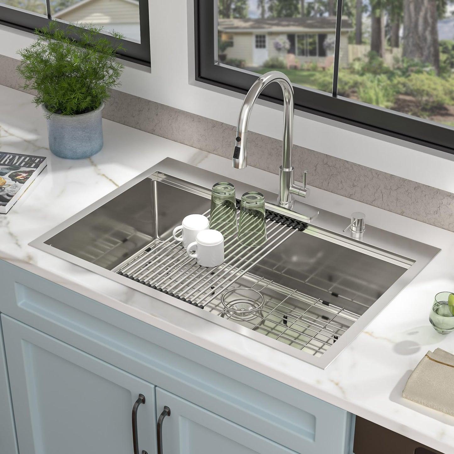 Fulorni 33"x22" Drop In Kitchen Sink Ledge Workstation – 16 Gauge 304 Stainless Steel Above Counter Deep Single Bowl Top Mount Sink Basin