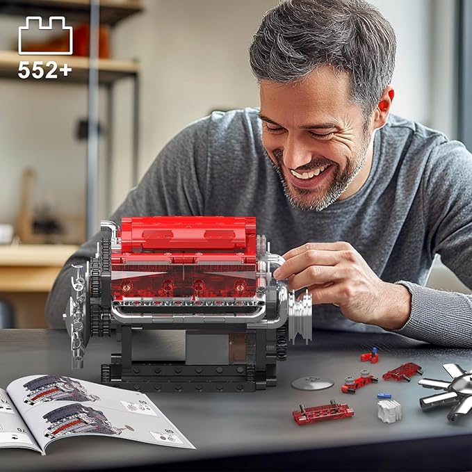 Mould King V8 Engine Building Blocks Sets 10155 Model Engines Kit That Runs 8-Cylinder Sports Car Engine Build Kits for Adults with Battery and Motor Construction STEM Toy(552 Pcs)