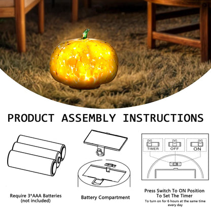 Naboher Handcrafted Glass Pumpkin with Warm LED Lights - Halloween & Thanksgiving Decor, Gift-Worthy Fall Home Decoration, 5.9-Inch Light-Up Tabletop Centerpiece (Green Leaf Orange)