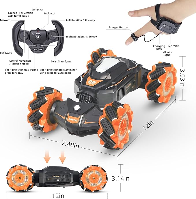 Rc Car Shoot SoftBulletFits for Nerf Remote Control Hand Gesture Stunt Drift Truck 360°Rotating Battle Tanks with Soft Bullets Water Bomb Spray Music Led Toy Gifts（Orange）