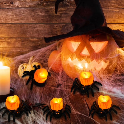 Vellibring 6PCS Halloween Spider Tea Lights Decoration, Halloween Flameless LED Candle Holder Lights Battery Operated for Halloween Party Table Home Spooky Decor (Orange)