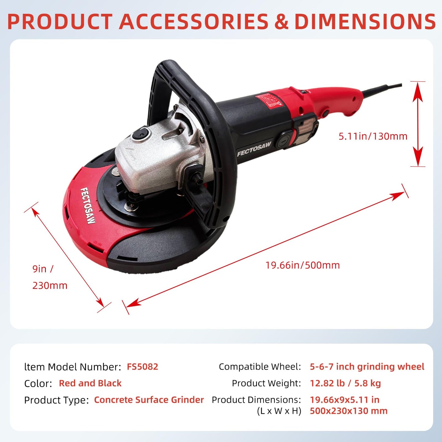 FECTOSAW 7-Inch Concrete Grinder,1580W (2.1 HP) Constant Power Motor, Variable Speed Electric Floor Polisher with Dust Shroud & Diamond Grinding Wheel for Concrete, Wall & Surface Grinding