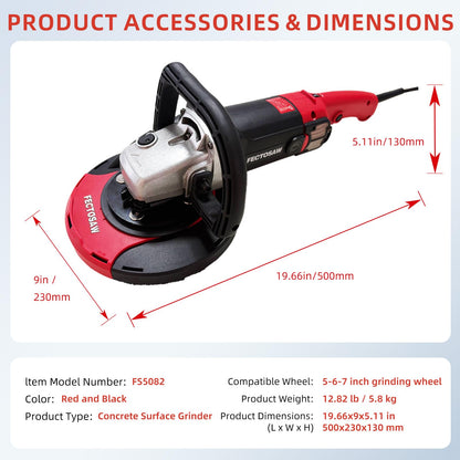 FECTOSAW 7-Inch Concrete Grinder,1580W (2.1 HP) Constant Power Motor, Variable Speed Electric Floor Polisher with Dust Shroud & Diamond Grinding Wheel for Concrete, Wall & Surface Grinding