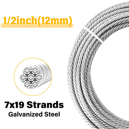 1/2" Steel Cable, Sunwuk 75Ft 7x19 Strand Aircraft Cable with Loops, 23000 Lbs Breaking Strength, Heavy Duty Wire Rope with Clamps and Thimbles for Zipline, Industrial, Towing, Winch Cable
