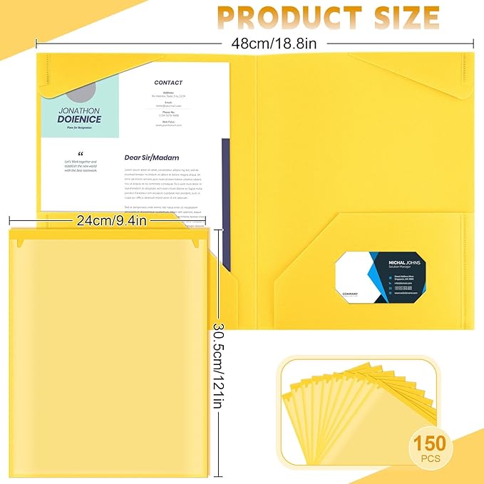 Henoyso 150 Pack Plastic Folders with Clear Front Pockets Heavy Duty File Folders with 2 Pockets and Card Slot for Classroom School &amp Office Bulk Supply (Yellow)