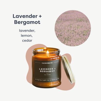 Calyan Wax Co. Lavender & Bergamot Scented Candle - 57 Hour Burn - Luxury Clean Soy Wax Candles - Long Lasting Amber Glass Jar Candle for Home - 7.2oz