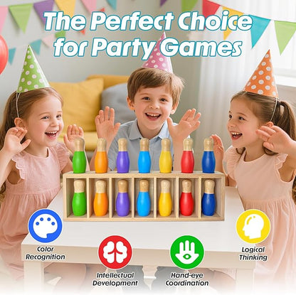pamexin Family Games for Kids Wooden Bowling Color Matching Game with 7 Bright Pins and Storage Bag Family Board Games Party Birthday Gift Fun Party Game for Boys Girls