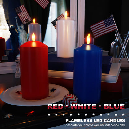 AFINETH Patriotic Red White and Blue Candles, Real Wax Flameless Pillar Candles with Remote, 4th of July Led Candles, Independence Day Flameless Candles for Patriotic Decor, 3 Pack (D 3" x H 6")