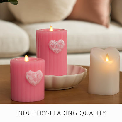 Luminara Flickering Flameless 3.7" x 6.5" Pillar Candle, Battery Operated Remote Ready (Sold Separately) & Timer Function, LED Light, Ribbed Real Pink Wax w/Embossed Heart Design for Valentine's Day
