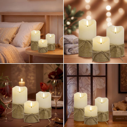 Homwamee Flameless Candles with Remote Timer-3D Flickering Hemp Rope LED Candles Set of 3(4”/5”/6”, Battery Powered for Home/Wedding/Party/Table Decorations