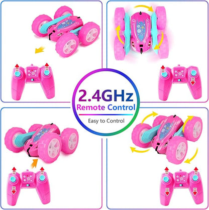 FREE TO FLY Remote Control Car for Girls : Pink RC Car Double Sided 360°Flip Stunt Cars with Headlights &amp WheelLights Rechargeable Toy Car Birthday Gifts for Girl Kids Age 6 7 8 9 10 11 12 Year Ol