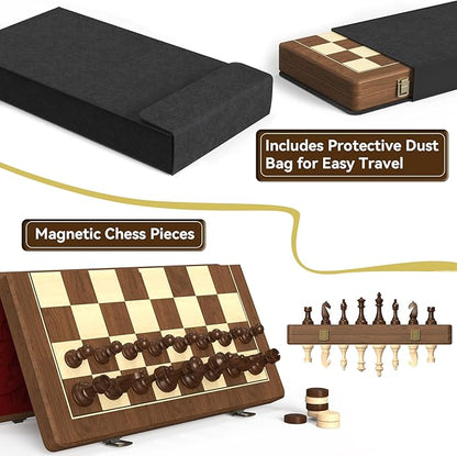 Premium Natural Walnut 15 Magnetic Wooden Folding Chess &amp Checkers Set- 2 in 1 Board Game with 3 King Staunton Pieces and 2 Extra Queens Checkers and Dust-Proof Storage Bag (Red)