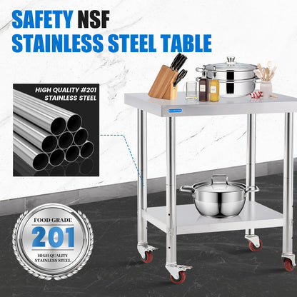 KUARBARR Stainless Steel Table for Prep & Work with 4 Caster Wheels with Adjustable Undershelf 24 x 30 NSF Metal Commercial Kitchen Worktable for Restaurant Home Outdoor