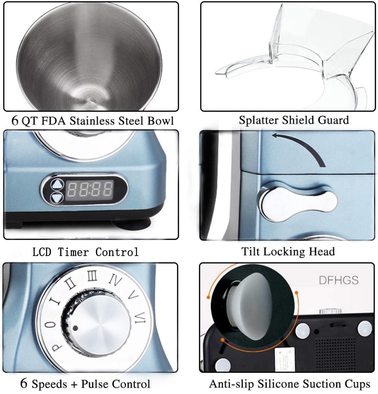 MURENKING Professional Stand Mixer, 6-Qt with Timer, MK37 500W 6-Speed Tilt-Head Food Electric Mixer Kitchen Machine,Plastic (Silver Blue)