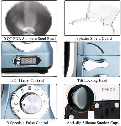 MURENKING Professional Stand Mixer, 6-Qt with Timer, MK37 500W 6-Speed Tilt-Head Food Electric Mixer Kitchen Machine,Plastic (Silver Blue)