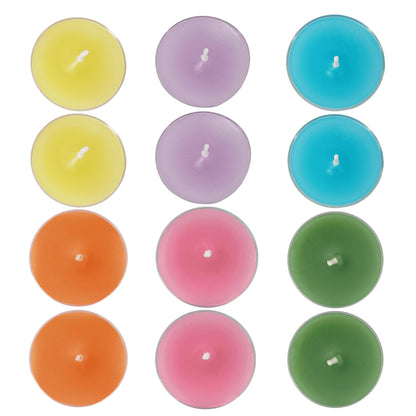 Scented Tea Light Candles 12 Pack Pastel Color Hand Poured Smokeless 4 Hours Clean Burning Small Round Clear Cups Tealight Candles for Romantic Dinners Wedding Centerpieces Cozy Evenings