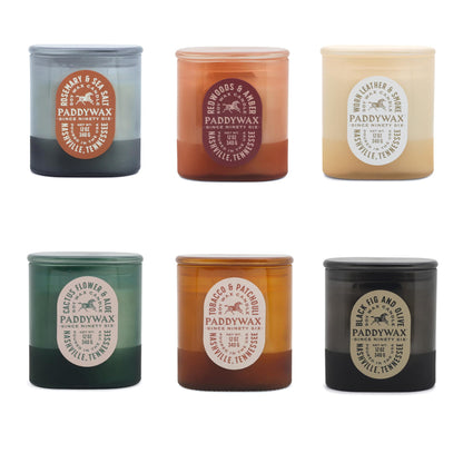 Paddywax Vista Scented Candle with Lid in Reusable Tonal Glass Jar, Clean-Burn 2-Wick Soy Candle with Approx. 84 Hour Burn Time, Decorative Gift Candles for Home, Worn Leather & Smoke, 12 oz