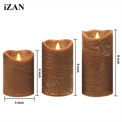 iZAN 3 Pack Real Wax Flameless Candles Battery Operated LED Pillar Flickering Realistic Electric Candle Gift Sets with Remote Control and Cycling 24 Hours Timer 3”D X 4" 5" 6" H (Brown)