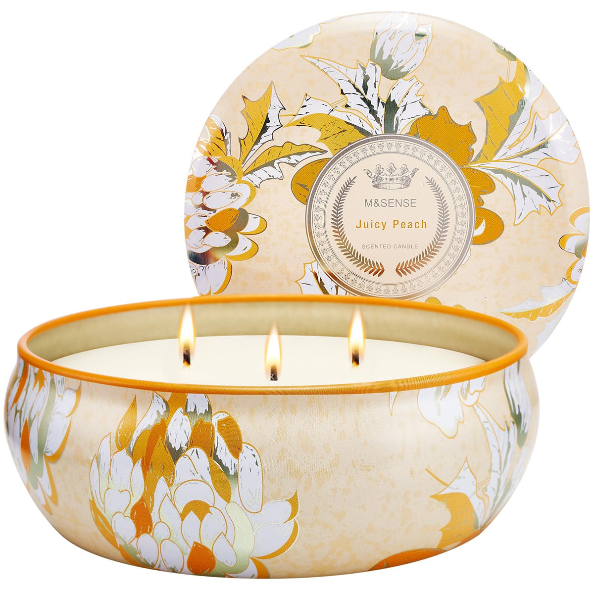 M&SENSE Peach Scented Candles 12oz 40 Hour Long Lasting, 3 Wick Soy Candles for Home Scented, Travel Tin Natural Highly Scented Candle Gift for Women Men