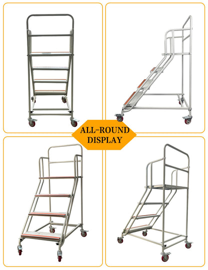 4 Steps Ladder with Wheels, Industrial & Warehouse Step Ladder, Rolling Steps Ladder with Vinyl Stair Edge Protector, 23.6IN Wide, 39.4IN top Step Height, 445LBs Capacity.