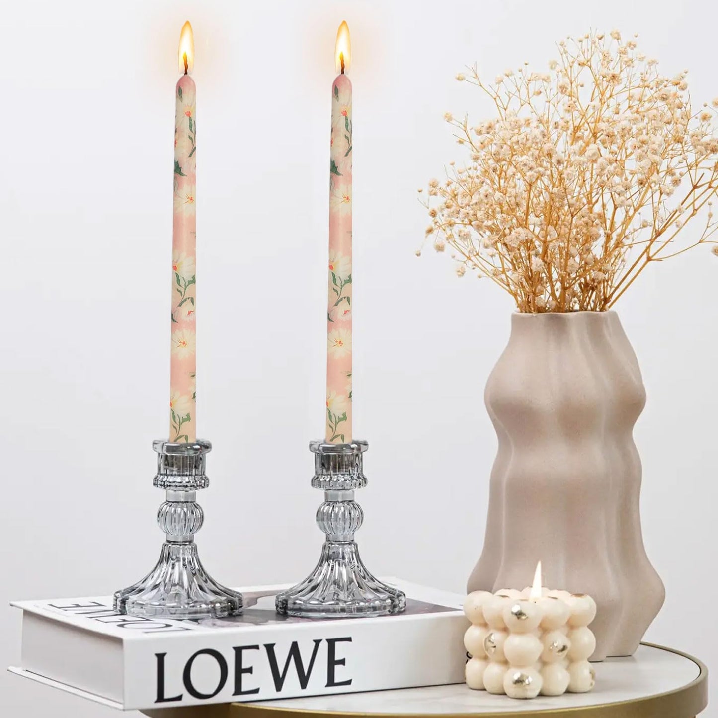 NJAO HOO Flower Candlesticks 10 in Straight Taper Candles Pink Hand Printing Daisy Candlesticks Floral Tall Tapered Candle for Home Garden Decor Simple Modern, 2Pcs