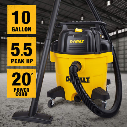 DEWALT 10 Gallon Poly Wet Dry Vacuum, 5.5 HP Shop Vacuum 120V 90 CFM for Jobsite, Work Shop, Comerical Area, Garage/Warehouse etc, 10 Ft Cord Model DXV10P