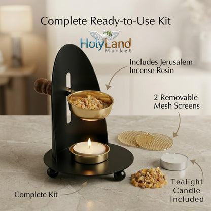 Brass Incense Burner Kit - Candle,Incense and 2 Mesh Screens, Adjustable Charcoal and Tea Light Bakhoor Burner for Resin, Myrrh, Copal at Home, Church, Meditation Space (Brass - Black - Model)